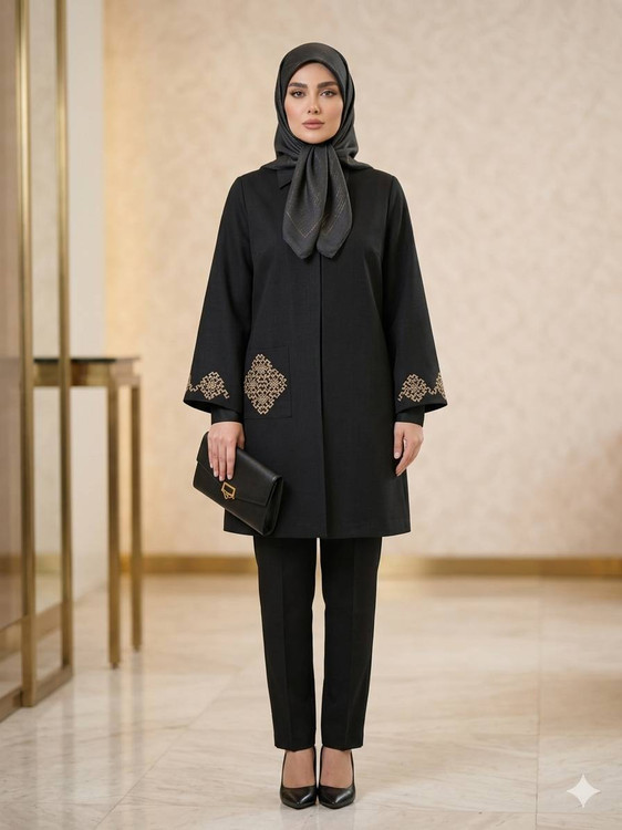 مانتو زنانه گلدوزی شده مدل راز رنگ مشکی