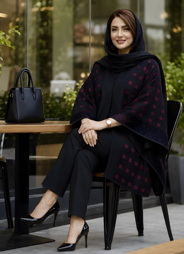 پانچ زنانه مشکی مدل 0414 با پارچه شانتون و ژاکارد طرحدار