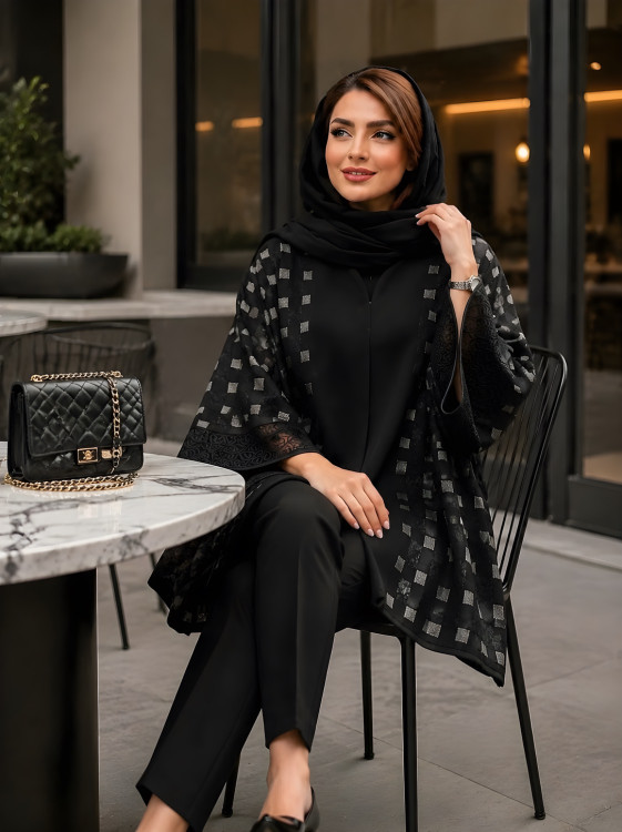 پانچ زنانه مشکی مدل 0414 با پارچه شانتون و ژاکارد