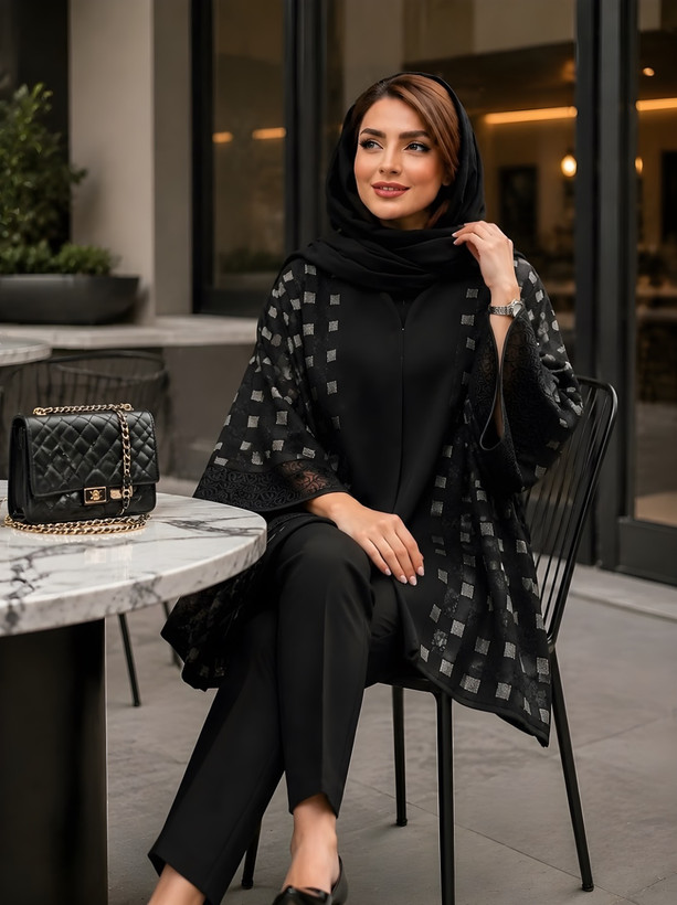 پانچ زنانه مشکی مدل 0414 با پارچه شانتون و ژاکارد