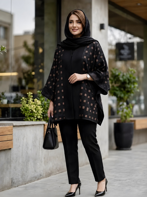پانچ زنانه مشکی مدل 0414 با پارچه شانتون و ژاکارد طرحدار