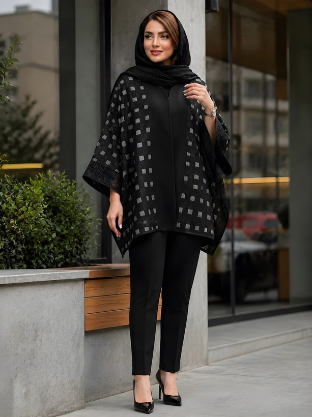 پانچ زنانه مشکی مدل 0414 با پارچه شانتون و ژاکارد طرحدار