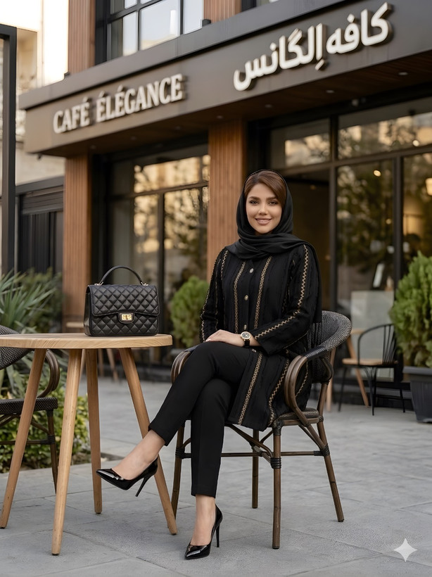 مانتو مجلسی زنانه ژاکارد مدل 0451 مشکی با خطوط طلایی