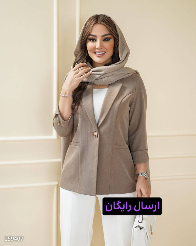 کت زنانه گاواردین مدل المینا با یقه انگلیسی و طراحی تک دکمه در رنگبندی ژورنالی