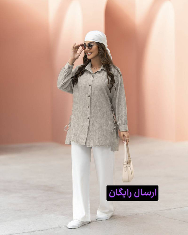 شومیز زنانه یقه شکاری مدل کمند کد 815 با پارچه لنین دبل و بند تنظیم کناری در رنگهای کرم، طوسی، قهوهای و آبی
