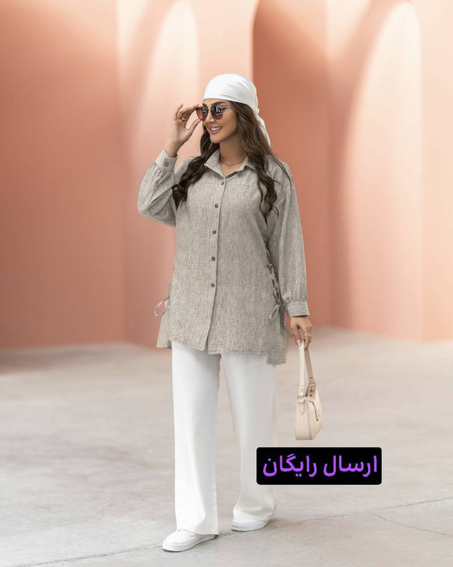 شومیز زنانه یقه شکاری مدل کمند کد 815 با پارچه لنین دبل و بند تنظیم کناری در رنگهای کرم، طوسی، قهوهای و آبی