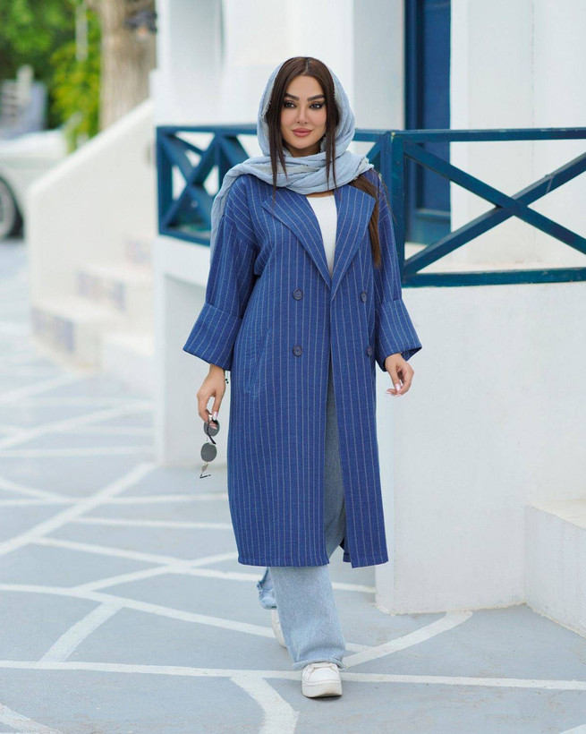مانتو بلند زنانه مدل 350 با پارچه صوفیا جودون دیپلمات در رنگبندی سرمهای