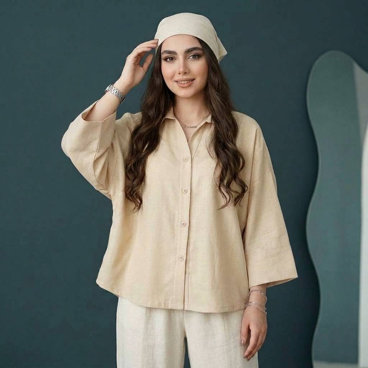 شومیز زنانه باکسی شانتون اندونزی آستین پاکتی رنگ کرم