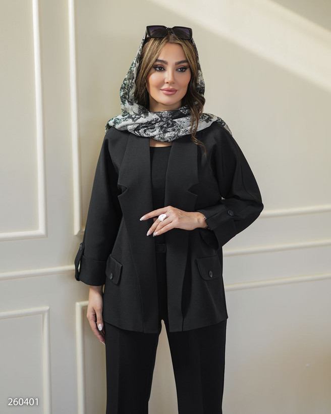 کت زنانه مدل شهدخت کد 2604 با یقه آرشال و آستین پاگوندار رنگ مشکی