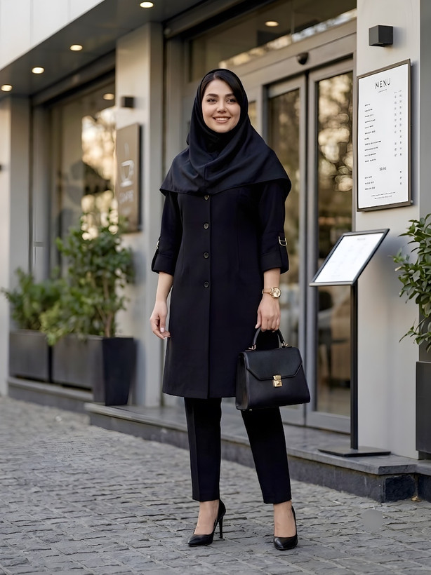 مانتو اداری زنانه کد 0457 مشکی جنس شانتون اندونزی