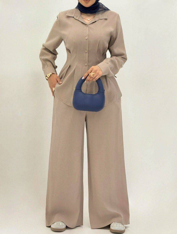 ست مانتو و شلوار زنانه مدل پرنسا جنس پری سیلک وارداتی رنگ نسکافه ای