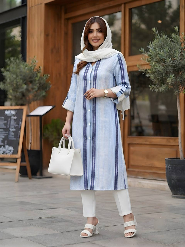 مانتو لینن زنانه راه راه مدل 0472